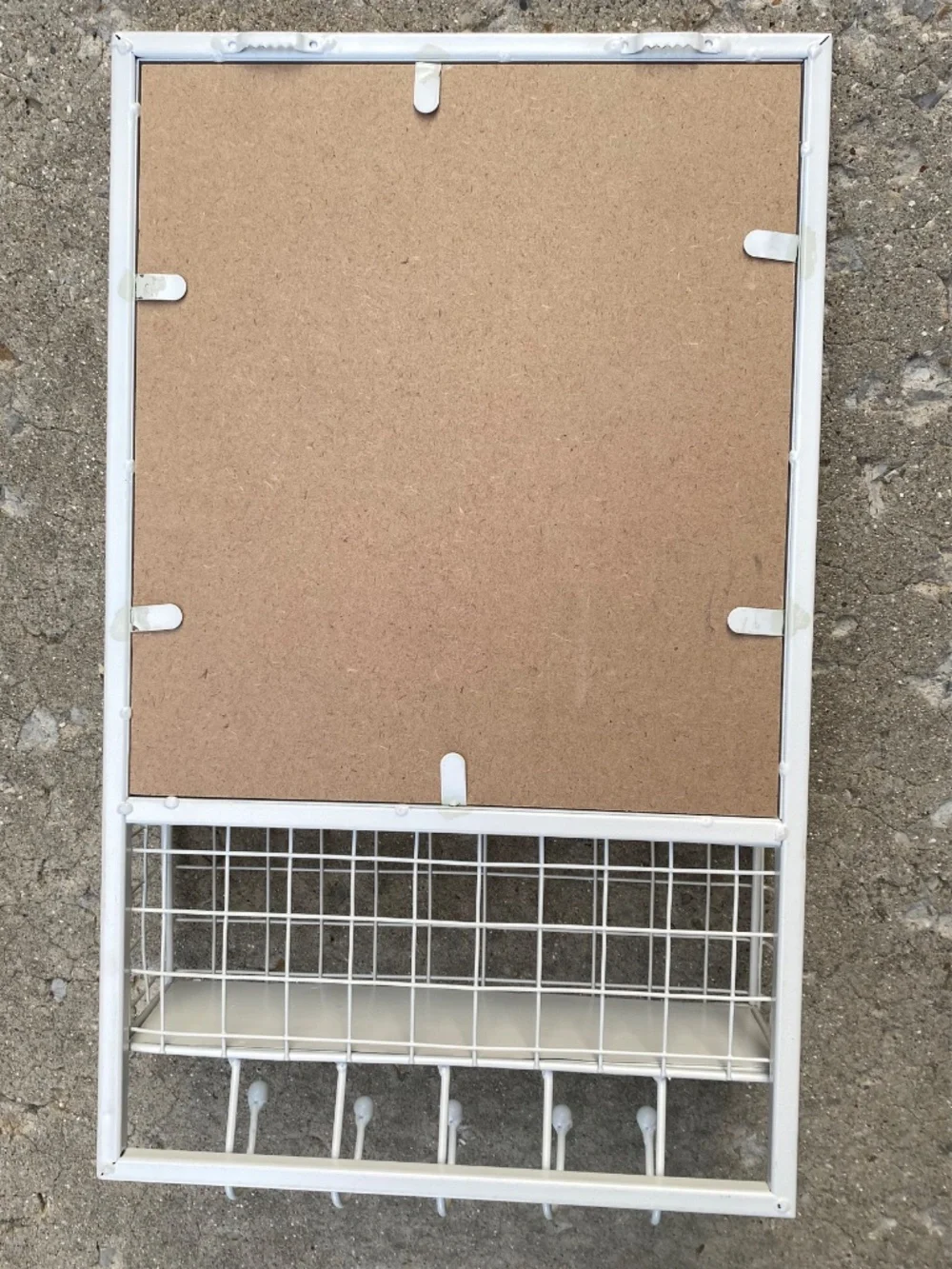 Vintage White Wall Organizer Mirror Wire Basket Shelf 5 Hooks Farmhouse